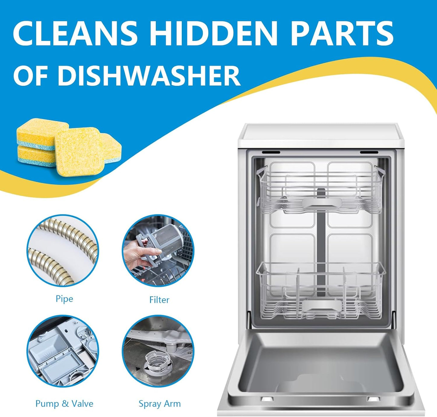 24-count Dishwasher Cleaner Tablets, Deep Cleaning and Descaling Formula, Removes Odors, Scale, and Hard Water Residue, Maintains Dishwashers, Septic Tank Safe (Lemon Scent)