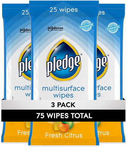Pledge Multi-Surface Furniture Polish Wipes, Works on Wood, Granite, and Leather, Cleans and Protects, Fresh Citrus - Pack of 6 (150 Total Wipes)