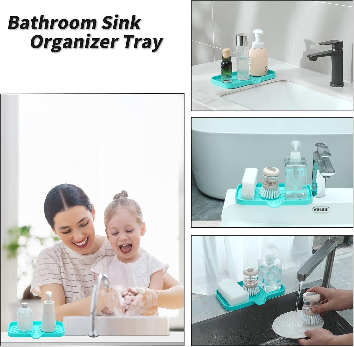 MicoYang Silicone Bathroom Soap Dishes with Drain Spout-Bathroom and Kitchen Sink Organizer,Sponge Holder,Dish Soap Tray,Perfect for Dispenser,Scrubber,Bottle,Cup on Sink or Counter-Black 4.9"×3.2"