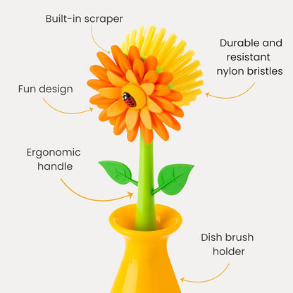 Vigar Flower Power Dish Brush with Handle and Vase Dish Brush Holder, Kitchen Scrub Brush for Pot Scrubber, Dishes, and Sink Cleaning, Pink, Green