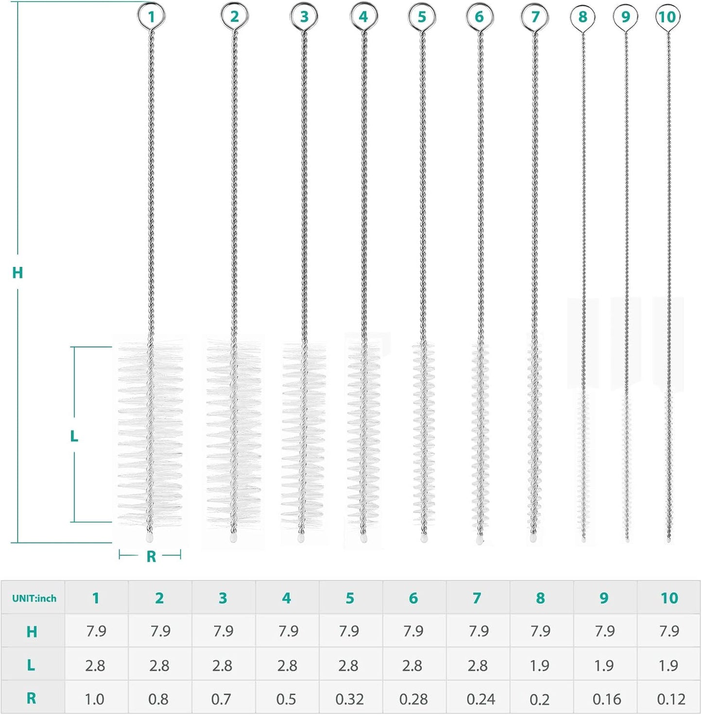 CiaraQ Bottle Cleaning Brushes, 8 Inch Nylon Tube Brush Set, Cleaner for Narrow Neck Bottles Cups with Hook, Set of 10pcs