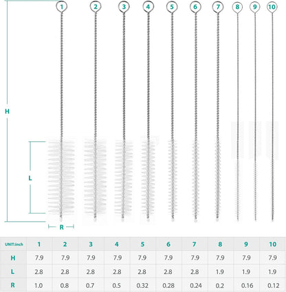 CiaraQ Bottle Cleaning Brushes, 8 Inch Nylon Tube Brush Set, Cleaner for Narrow Neck Bottles Cups with Hook, Set of 10pcs