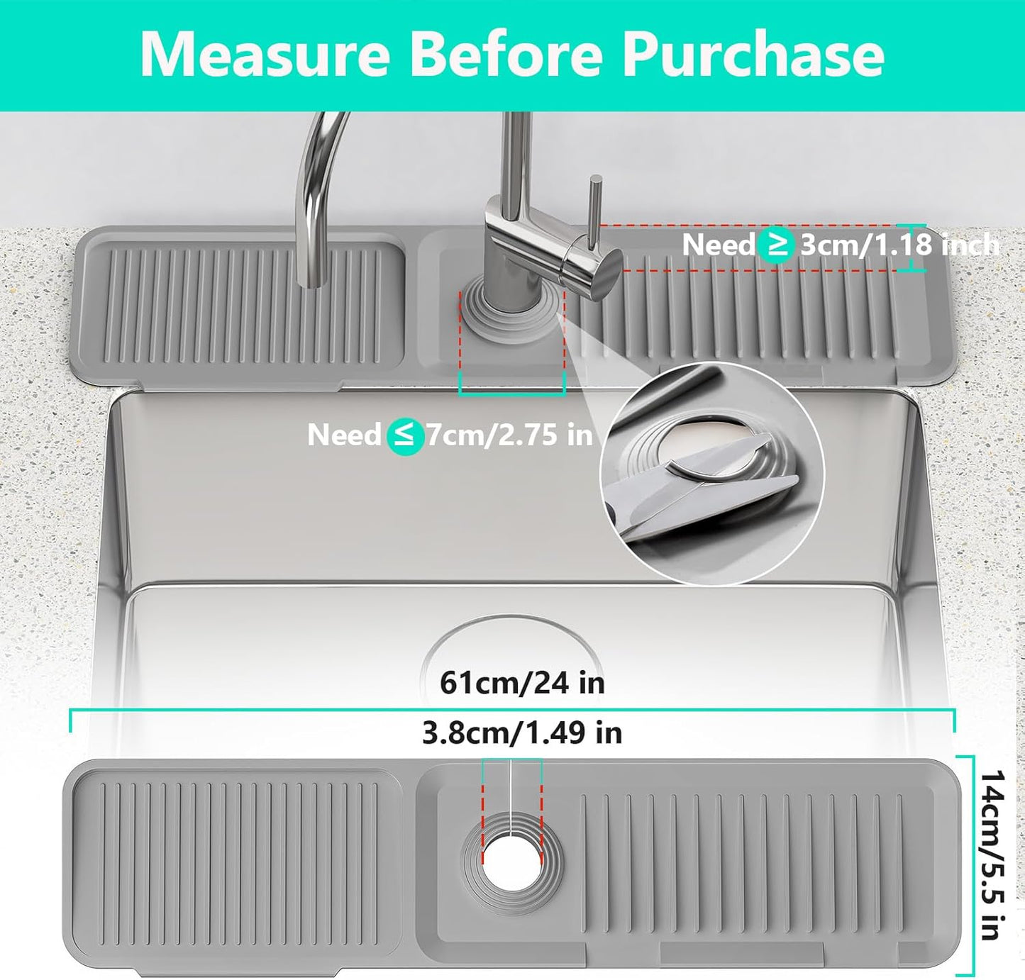 24 Inch Longer Faucet Mat for Kitchen Sink, 5° Slope Fast Self-draining, Kitchen Sink Splash Guard Silicone Sink Faucet Mat Splash Guard Kitchen Sink Area Tidy Splash Faucet Guard Draining Mat