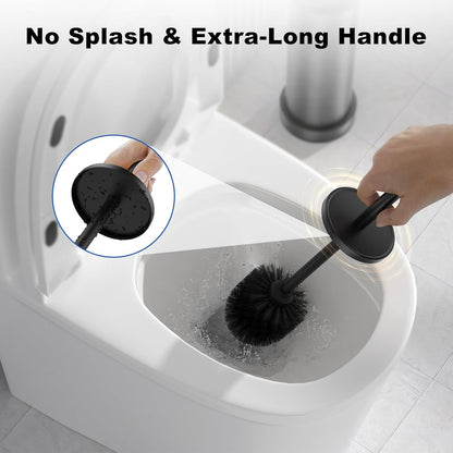 Black Toilet Brush and Holder Set，Stainless Steel Heavy Duty Toilet Bowl Brush，Extra Long Handled Modern Toilet Cleaner Brush with Replaceable Head, Removable Inner Bowl