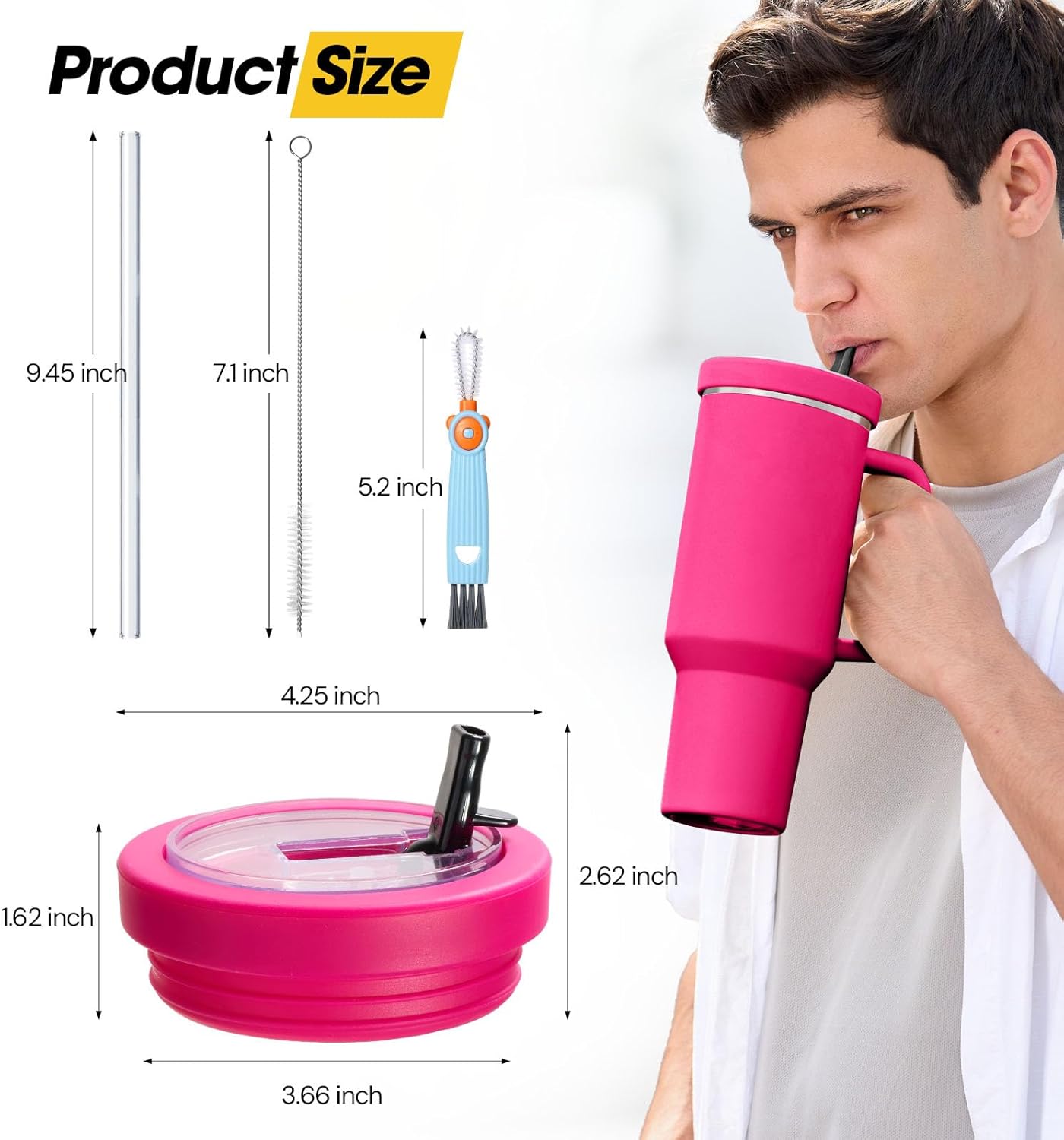 40 Oz Tumbler Flip Straw Lid Compatible with Stanley Quencher Cup, Anti Spill Replacement Cup Covers, Durable Silicone Leak Proof Lids with Cleaning Brush Set for Travel Storage