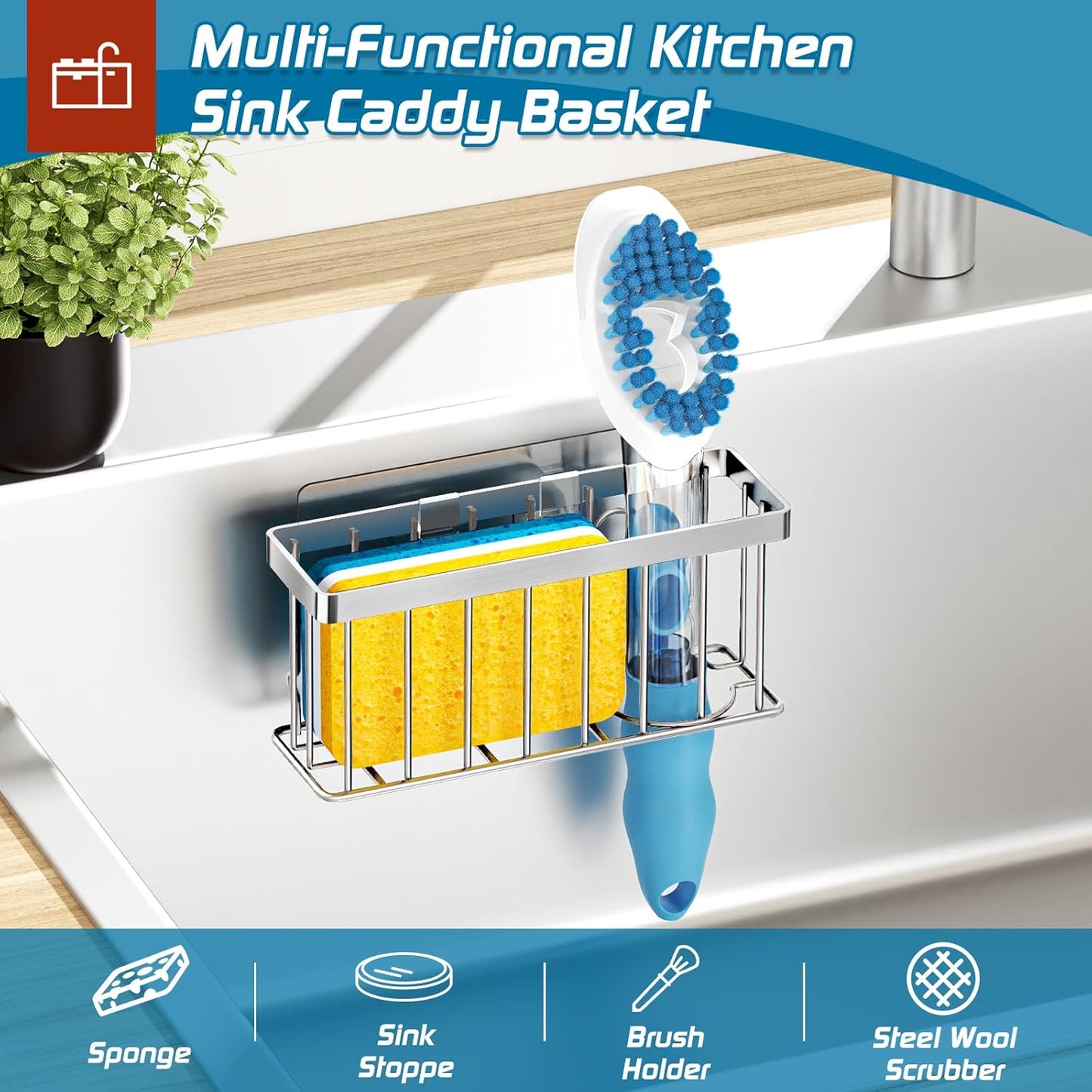 MURLONG Sponge Holder for Kitchen Sink,Sink Caddy Organizer with Suction Cups/Adhesive Strips,Dish Sponge Holder Design for Sponges,Scrubber,Stoppers-Black