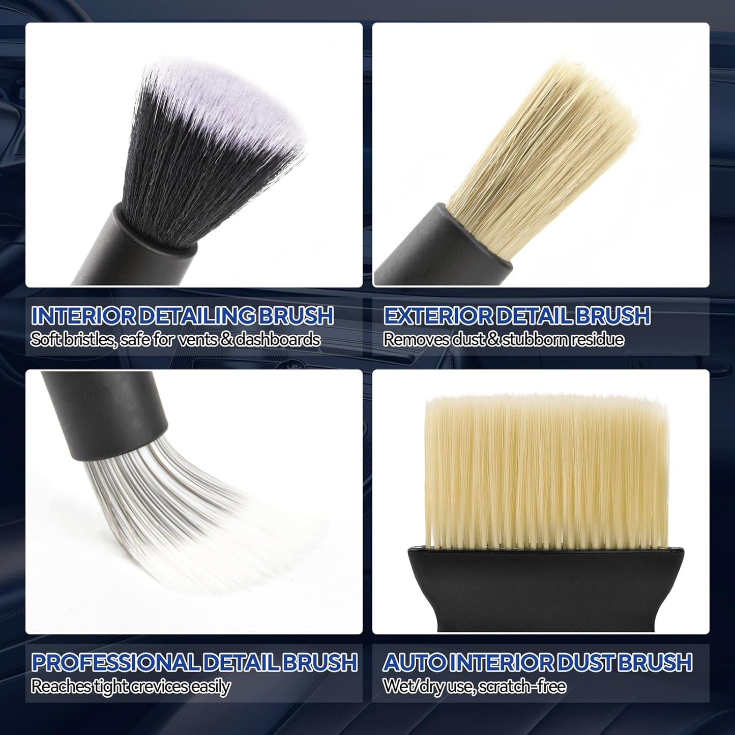 7PCS Car Detailing Brush Kit - Ultra Soft Boars Hair Car Interior Detailing Brushes, Includes 4 Different Brushes, Multi-use for Cleaning Interior or Exterior - Perfect Car Accessory Gift