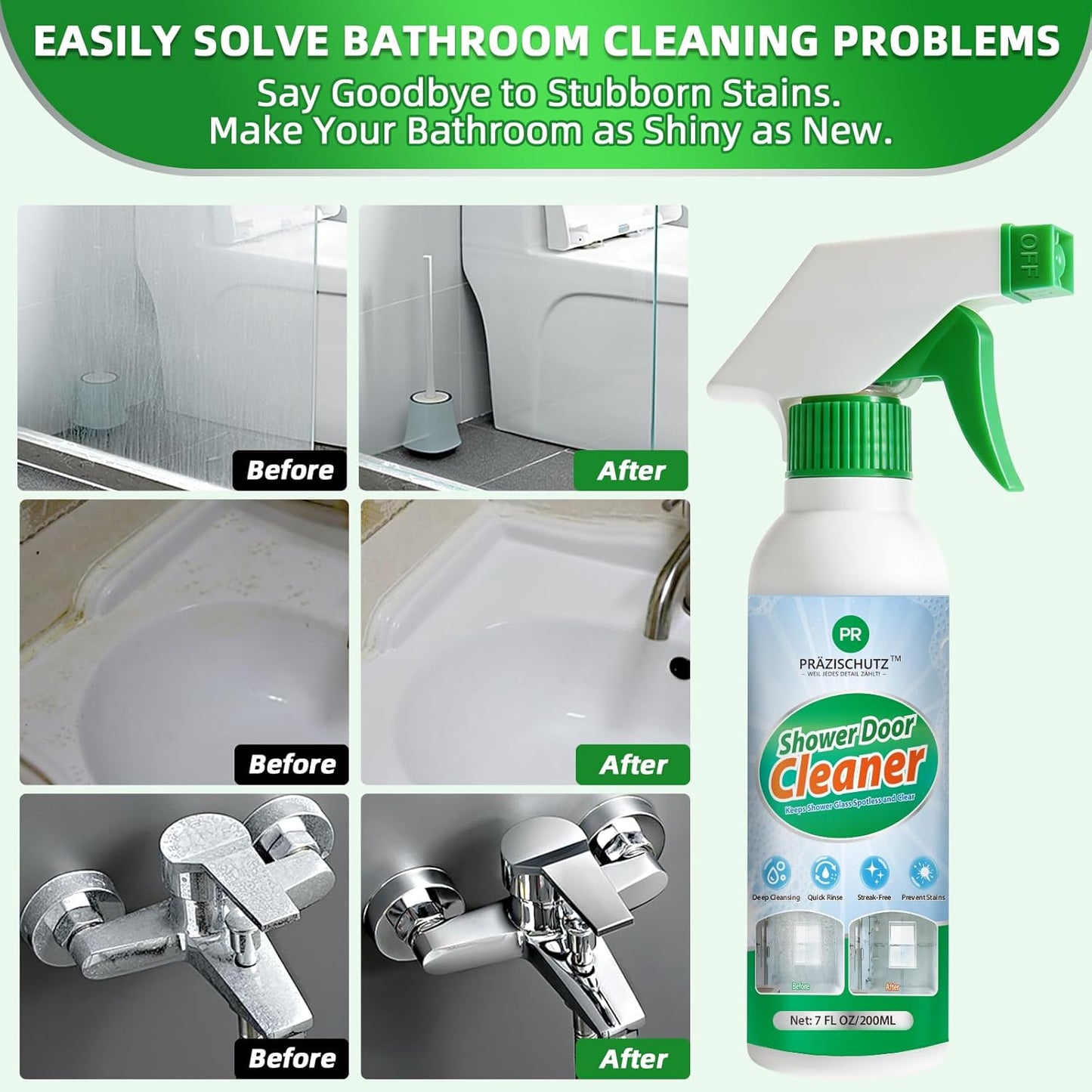 Bathroom Glass Cleaner Spray - Removes Limescale, Soap Scum, and Oil Film, Streak Free Instant Shine for Mirrors, Tiles & Shower Doors | No Residue, Vinegar-Free Formula, 200ml