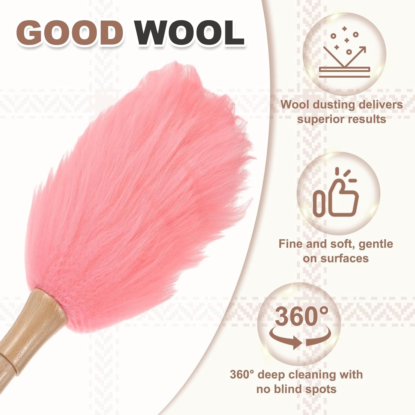 uxcell Wool Duster, 14.2" Natural Feather Cleaner Household Cleaning Duster with Solid Wooden Handle for Cleaning Fans Window Blinds Shelves Furniture, Pink