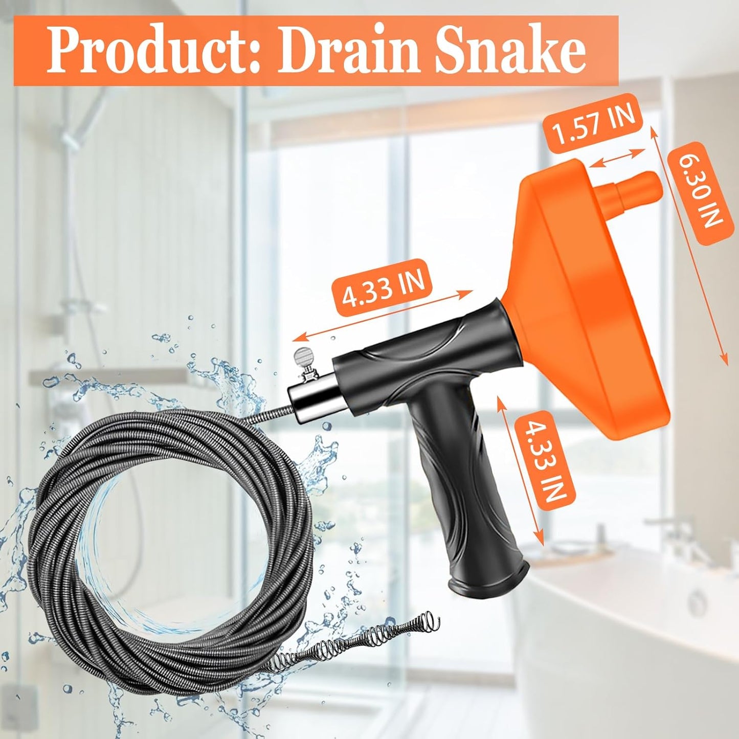 Drain Snake Auger 33 Feet, Plumbing Snake Drain Hair Clog Removal Tool, Sink Unclogger Drain, Heavy Duty Toilet Snake Auger, Cleaner Tool for Bathroom Kitchen Tub Shower Drain Clog Remover with Gloves