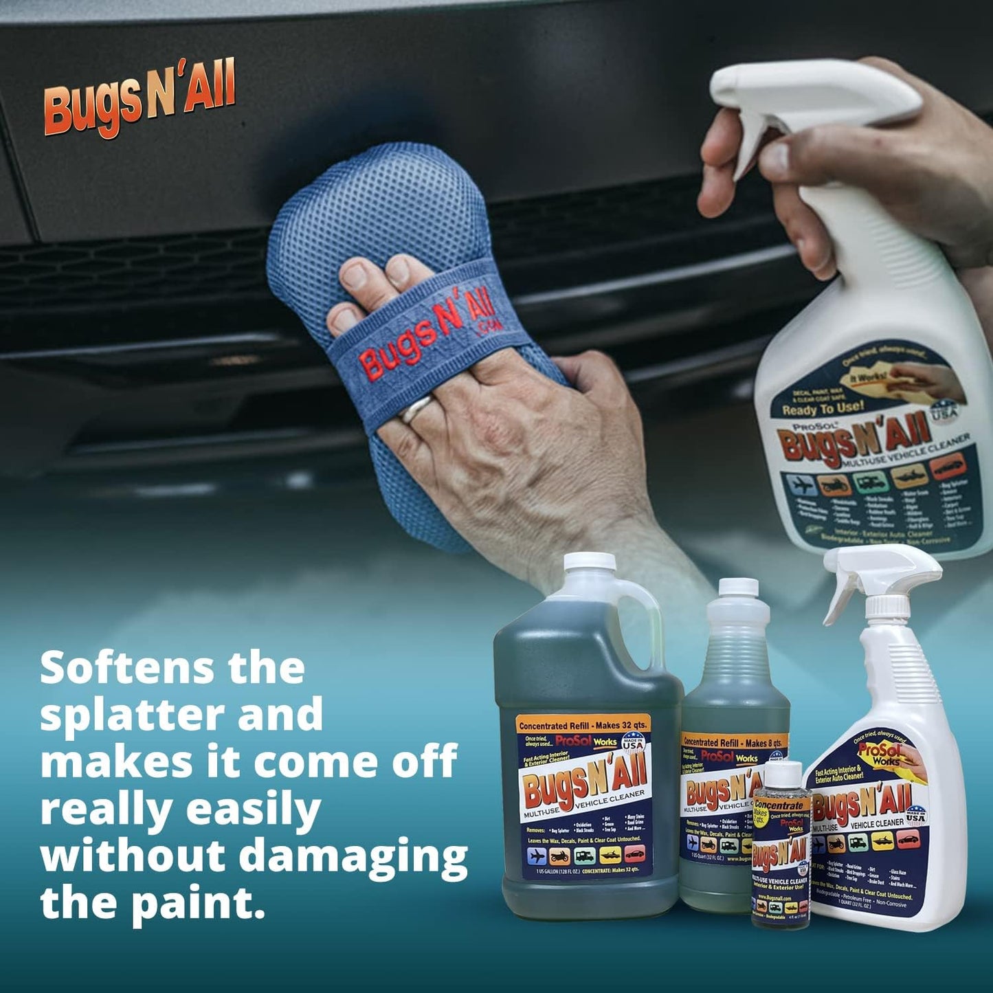 Bugs N’ All Multipurpose Car Cleaner & Degreaser - Bug & Tar Remover Concentrate 32 oz - Exterior Cleaner Safe for Car Paint, Metal, Chrome, Aluminum, Windows & Mirrors - w/Free 32 oz Spray Bottle