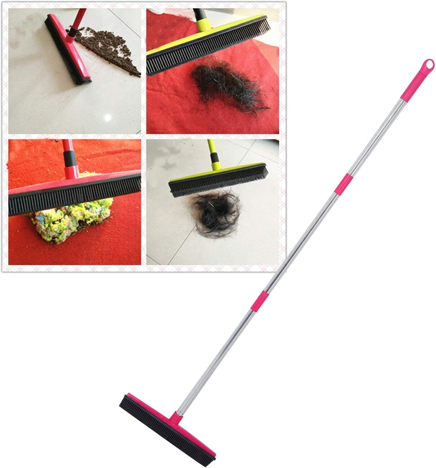 Carpet Hair Removal Broom with 48'' Telescoping Adjustable Handle, Rubber Broom Carpet Rake for Pet Hair Dust Removal Daily Household Cleaning(Pink)