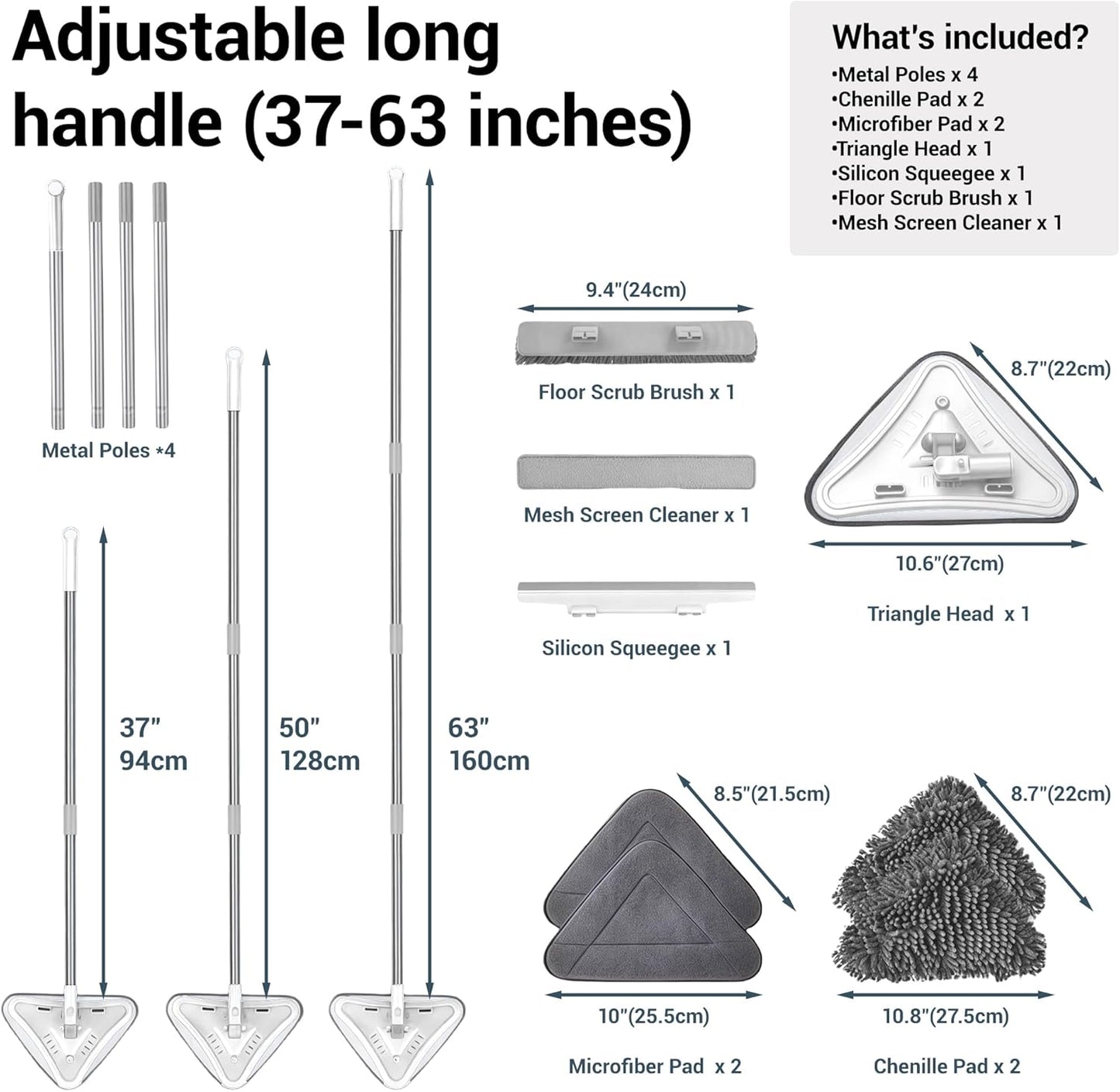 7-in-1 Wall Cleaner, Triangle Mop Set with 7 Replaceable Heads and Adjustable Long Handle for Walls, Floors, Windows, Ceilings, Baseboards (Navy Blue)
