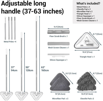 7-in-1 Wall Cleaner, Triangle Mop Set with 7 Replaceable Heads and Adjustable Long Handle for Walls, Floors, Windows, Ceilings, Baseboards (Navy Blue)