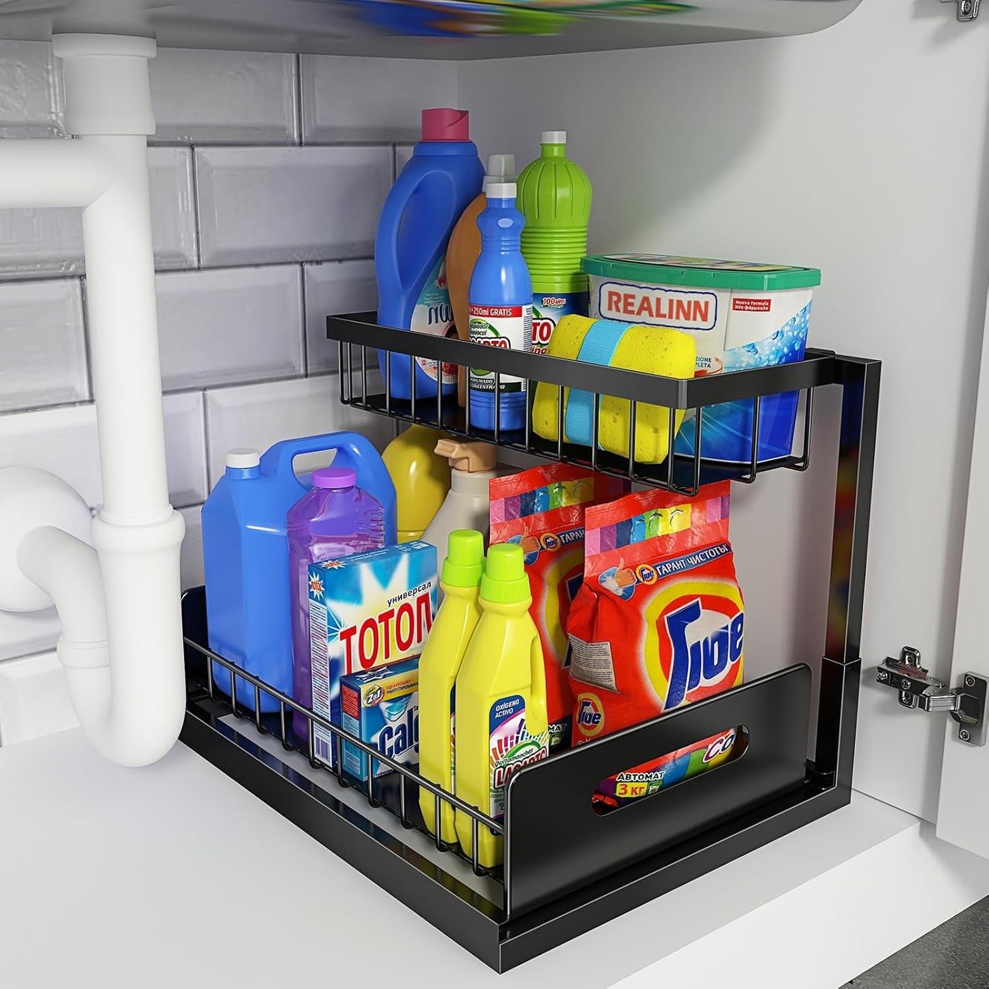 REALINN Under Sink Organizer, L-Shaped 2 Tier Pull Out Cabinet Organizer for Kitchen and Bathroom, Slide Out Under Cabinet Storage, Metal Under Sink Storage with Sliding Drawer, 50 lbs, Black 2 Pack