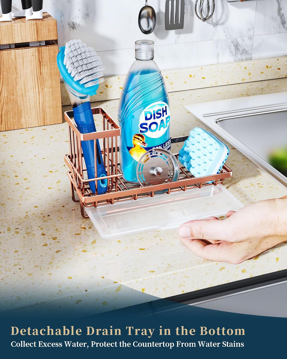 Consumest Sink Caddy, Kitchen Sponge Holder with Dish Brush Holder, Kitchen Organizer with Drip Tray for Countertop, Stainless Steel Rustproof - Silver