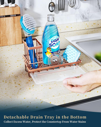 Consumest Sink Caddy, Kitchen Sponge Holder with Dish Brush Holder, Kitchen Organizer with Drip Tray for Countertop, Stainless Steel Rustproof - Silver