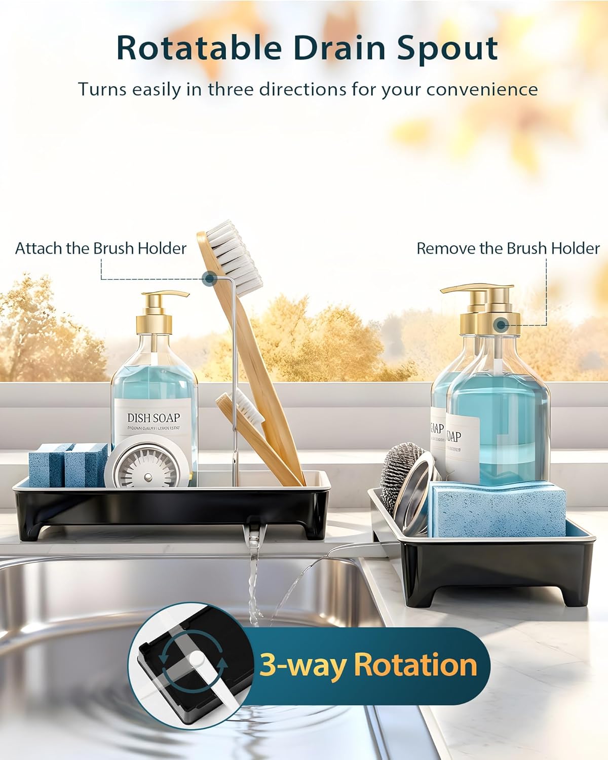 Minimalist Sink Caddy, Rustproof Sponge Holder for Kitchen Sink with 304 Stainless-Steel Brush Holder, Countertop Rack Organizer with Raised Ridges & Silicone Drain Tube (Mint Green, Large)