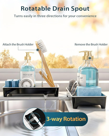 Minimalist Sink Caddy, Rustproof Sponge Holder for Kitchen Sink with 304 Stainless-Steel Brush Holder, Countertop Rack Organizer with Raised Ridges & Silicone Drain Tube (Mint Green, Large)