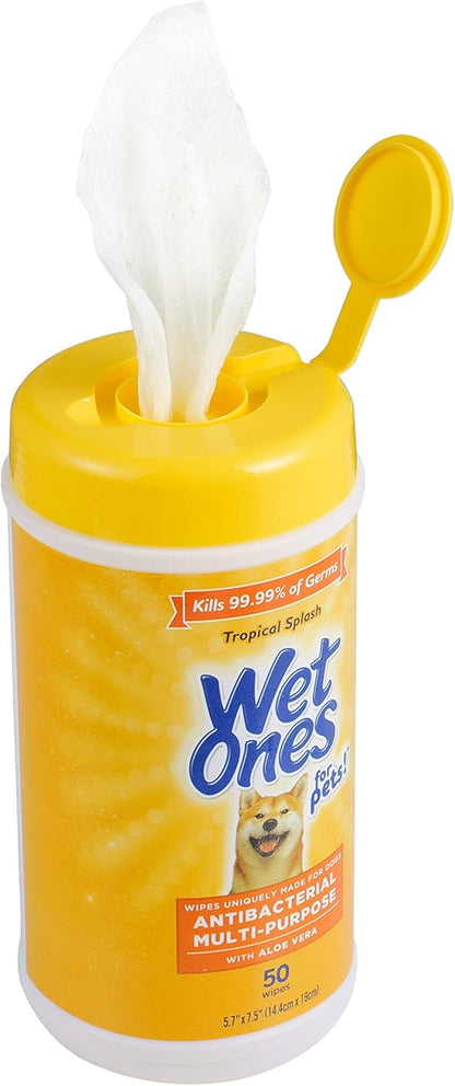 Wet Ones for Pets Antibacterial Dog Wipes, Multi-Purpose Grooming Wipes with Aloe Vera for Paws, Face & Body, Easy Cleanups Between Baths, Tropical Splash Scent, 5.7 in x 7.5 in, 50 Count