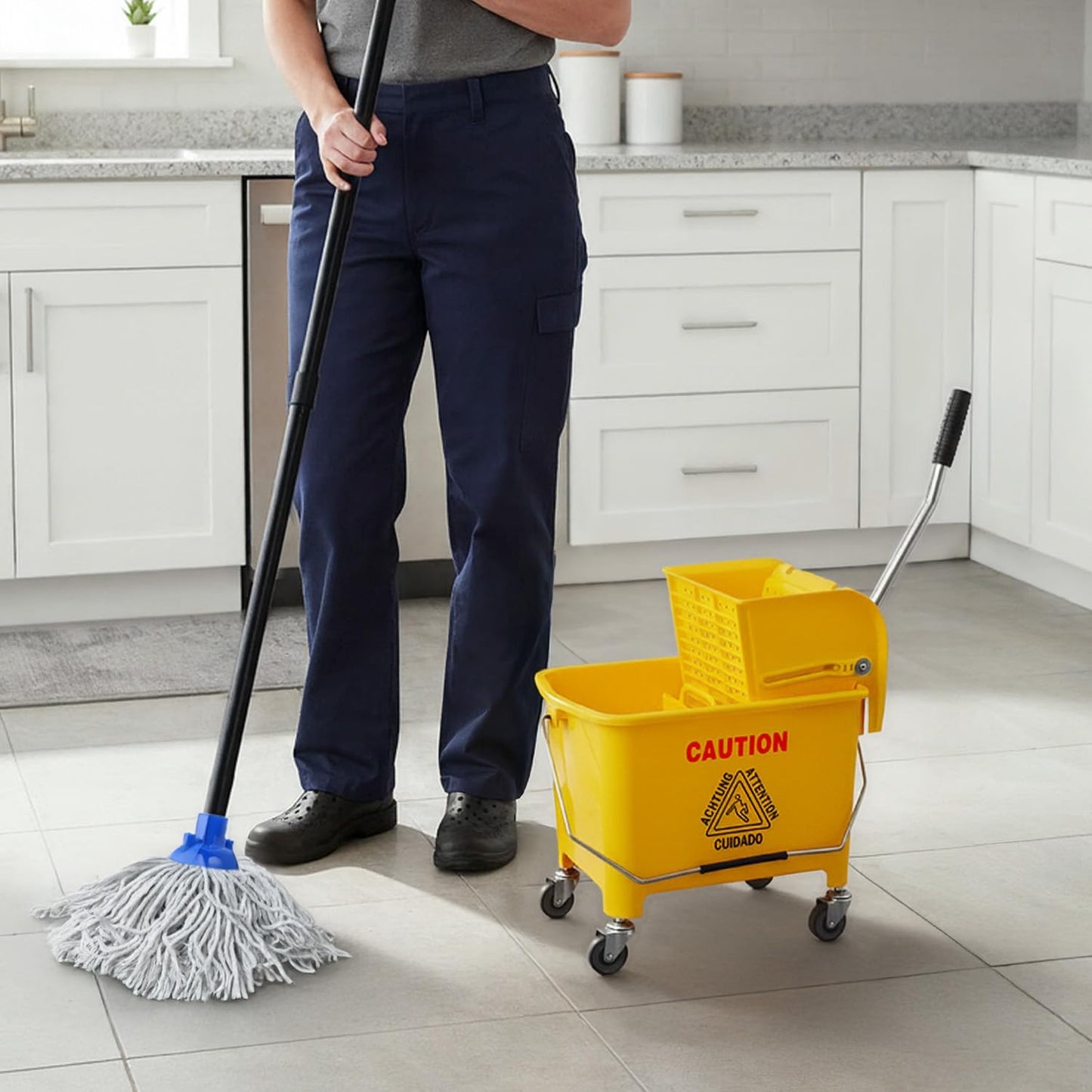 PLASTIC PRINCE Small Mop Bucket with Wringer on Wheels 5 Gallon, Heavy Duty Dual Chamber Mop Bucket Separate Dirty Water, Perfect for Household, 20 Quart Yellow