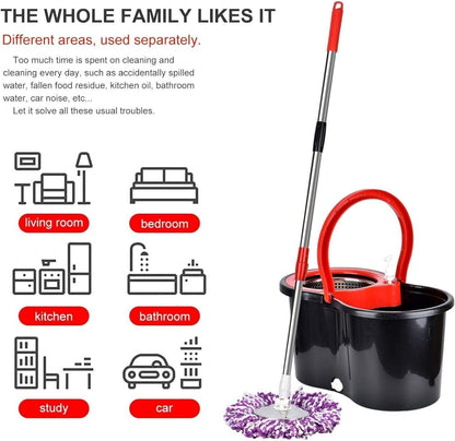 360° Spin Mop and Bucket System with Wringer - 61" Stainless Steel Handle & 3 Microfiber Refills, Self-Cleaning Floor Mop for Tile, Hardwood, Laminate Floors (Black red)