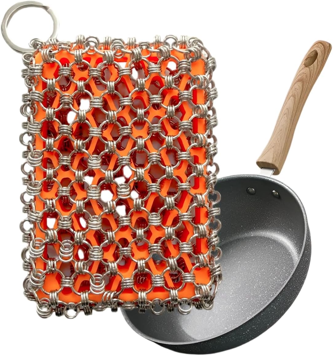 NTMY 316 Stainless Steel Pan Cleaner with Silicone Core – 4.5 Inch Dish Pot Brush,Cast Iron Scrubber, Metal Dish Scrubber,Dish Pot Brush,Chain Mail Scrubber for Oven&Grill Kitchen Cleaning Black