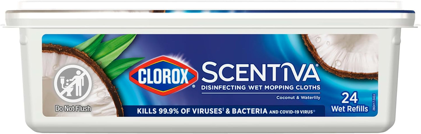 Clorox Scentiva Disinfecting Wet Mop Pad, Disposable Mop Heads, Coconut and Waterlily, 2 Packs, 24 Wet Refills Per Pack (Package May Vary)