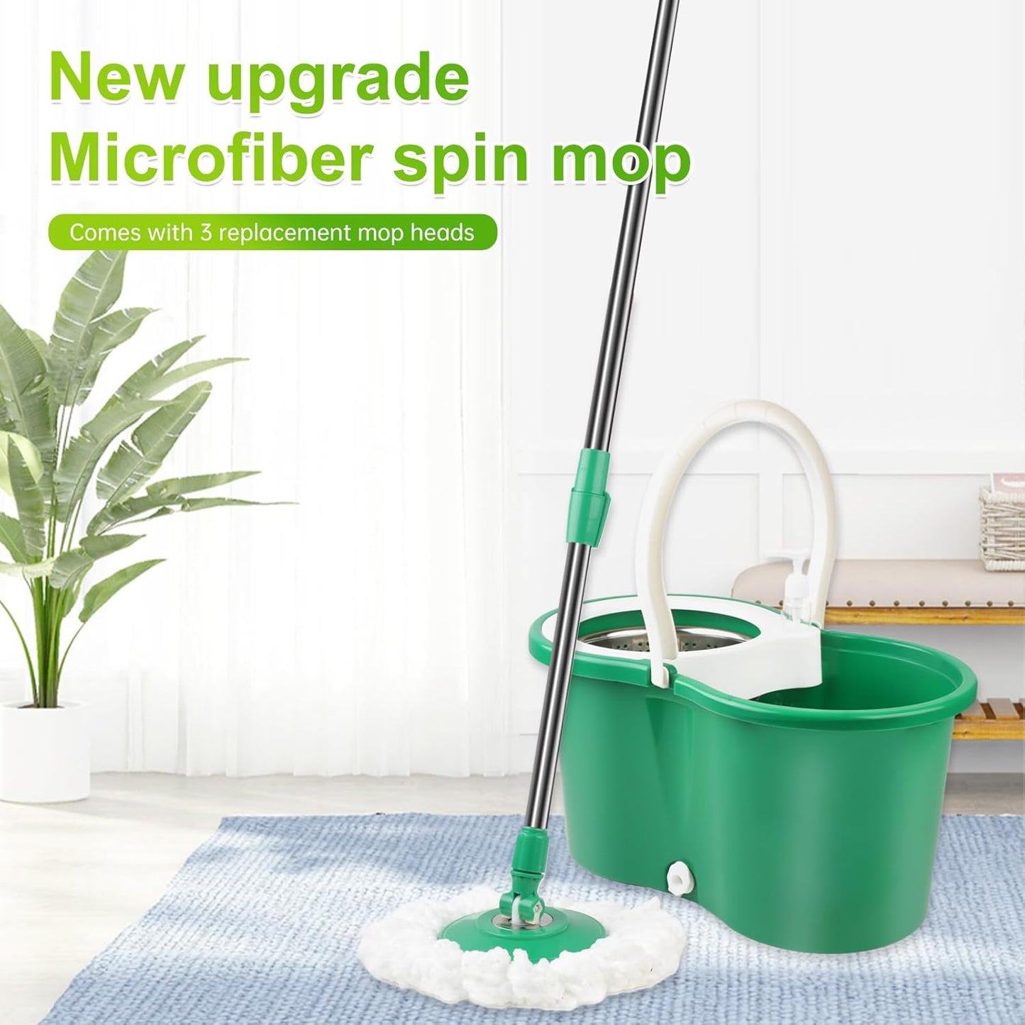Spin Mop and Bucket with Wringer Set,360° Spin Mop & Bucket Floor Cleaning System Mop Bucket with 61" Adjustable Extended Handle 3 Microfiber Replacement Head Refills