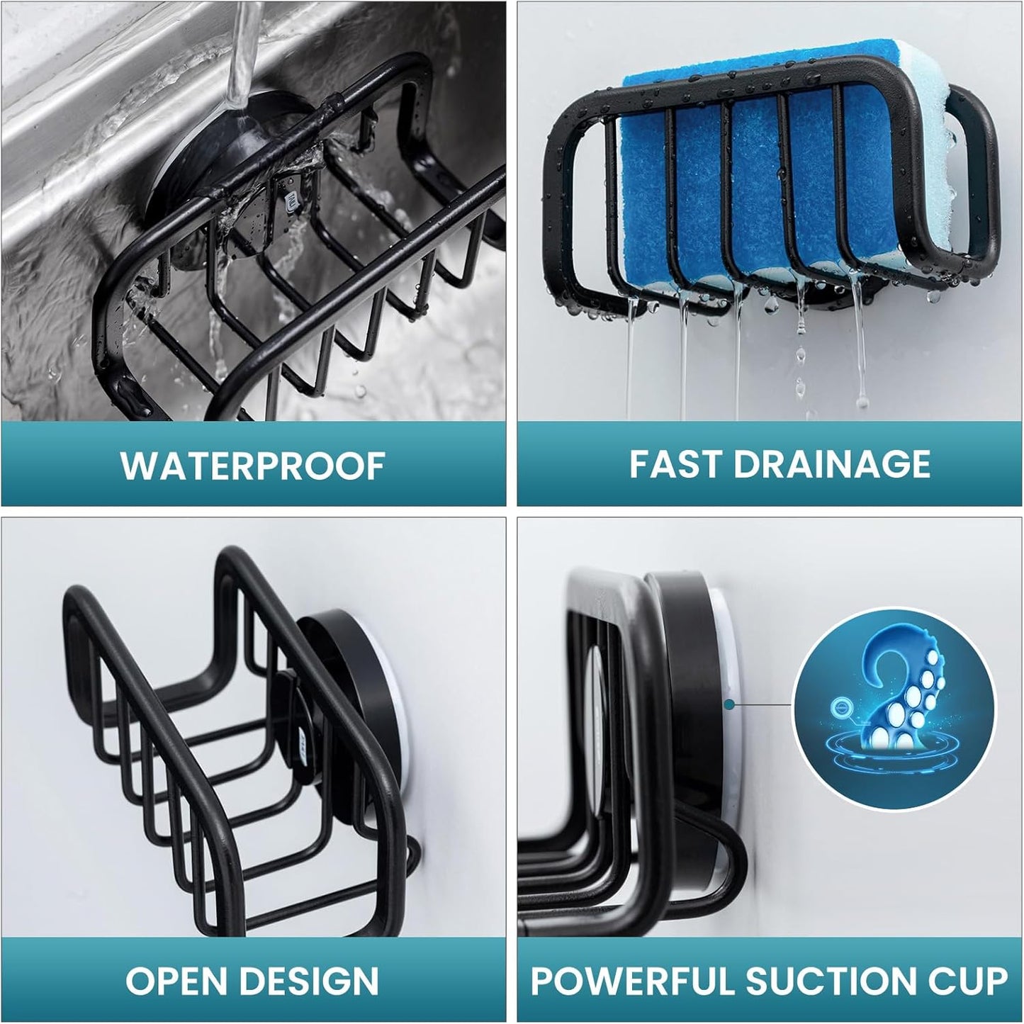 TAILI 4-in-1 Sink Caddy with Strong Suction Cup, Sponge Holder for Kitchen Sink Organizer, Removable, Rustproof, Stainless Steel Holder for Sponge, Brush, Scrubber, Scraper - Silver