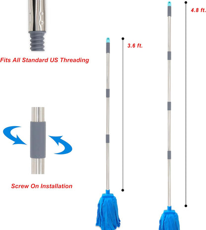 EaseYourDay Screw On Microfiber String Mop, One Stainless Steel Pole + Two Blue Microfiber Cloth Mop Heads