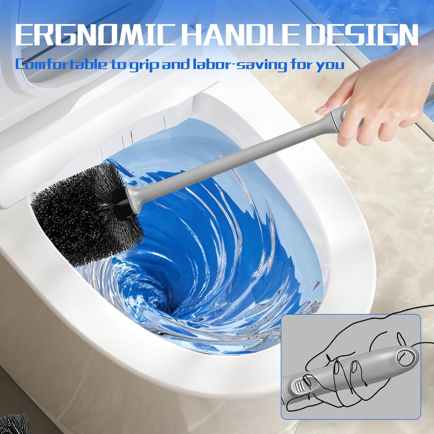 AONEZ Toilet Brush and Holder Set, 2 Pack Long-Handle Toilet Brush, Non-Slip Grip, Nylon Bristles, Deep Cleaning for Bathroom, Toilet Scrubber- Black
