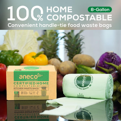 (Include 10 Bonus Bags) ANECO 100% Compostable Waste Bags 2.6 Gallon, Extra Thick Kitchen Small Compost Bags for Countertop Bin, 110 Count (100 + 10 Extra)