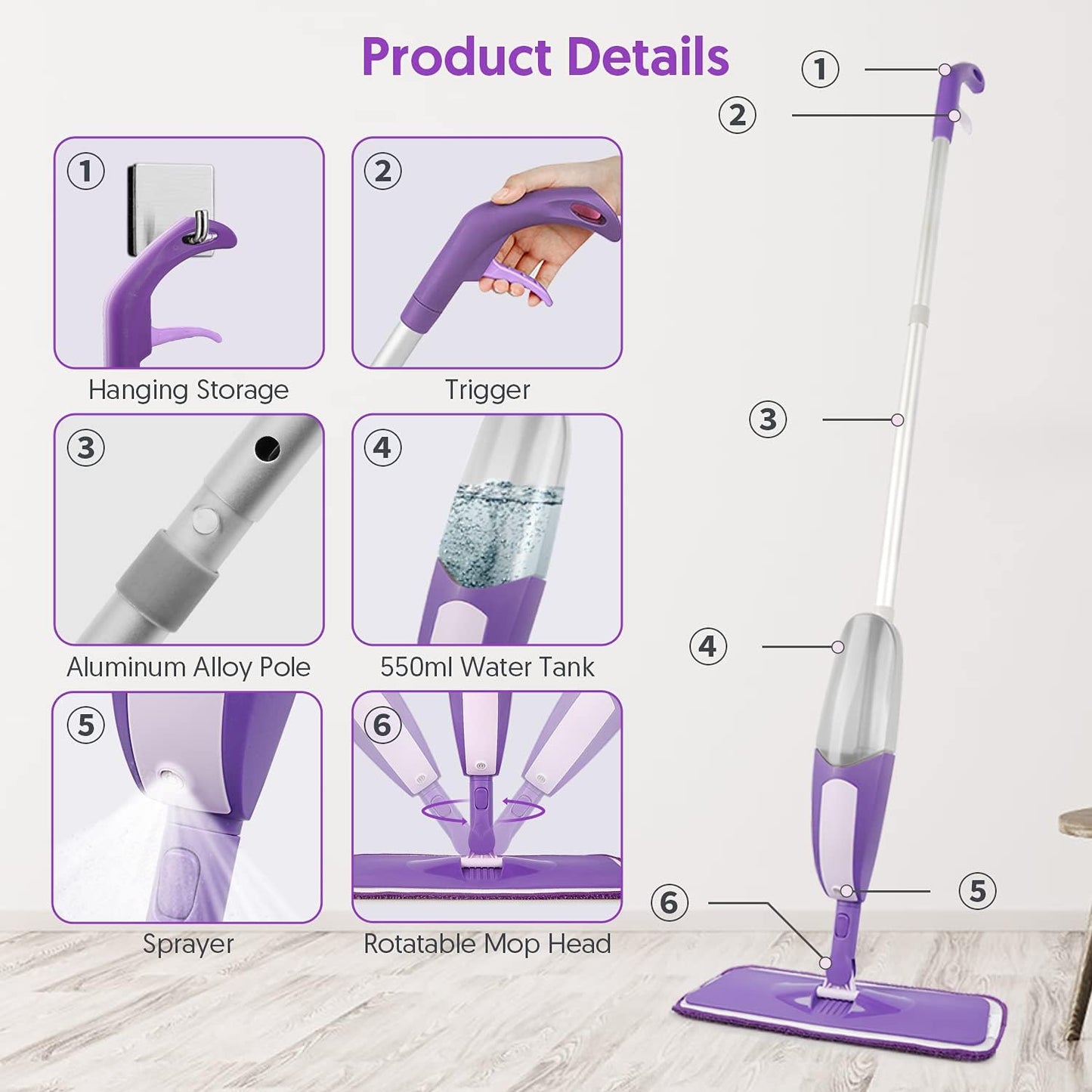 Microfiber Spray Mops for Floor Cleaning - SEVENMAX Dry Wet Floor Mop with Sprayer 3 Washable Pads fit Swiffer Powermop for Hardwood Laminate Tile Wood Vinyl Ceramic Home Kitchen Cleaning