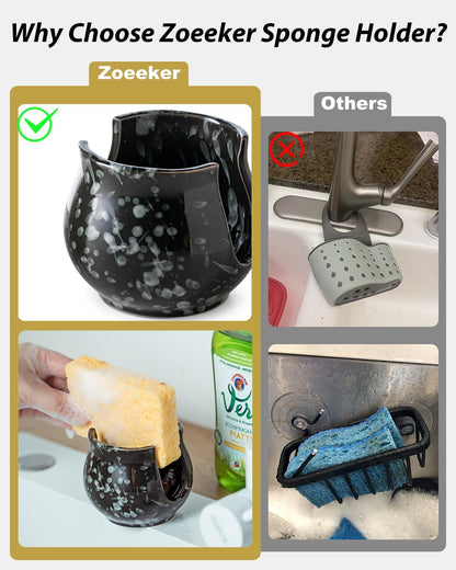 Zoeeker Sponge Holder for Kitchen Sink, Ceramic Dish Sponge Dish Rack Scrubby Caddy Kitchen Organizer Cute Sink Caddy Organizer, Farmhouse Decor, Speckled Glaze