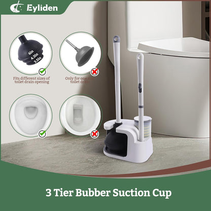 Eyliden Toilet Brush and Plunger Combo Set | 2-in-1 Disposable Toilet Bowl Wand Kit with 10 Refill Heads, Toilet Plunger, Compact Storage Holder | Bathroom Cleaning System for Home, White