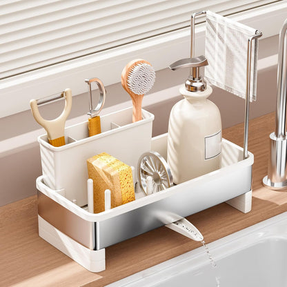 Sponge Holder for Kitchen Sink,Sink Caddy Organizer with Removable Brush Holder,Kitchen Countertop Soap Dispenser Storage with Detachable Towel Rack,Black