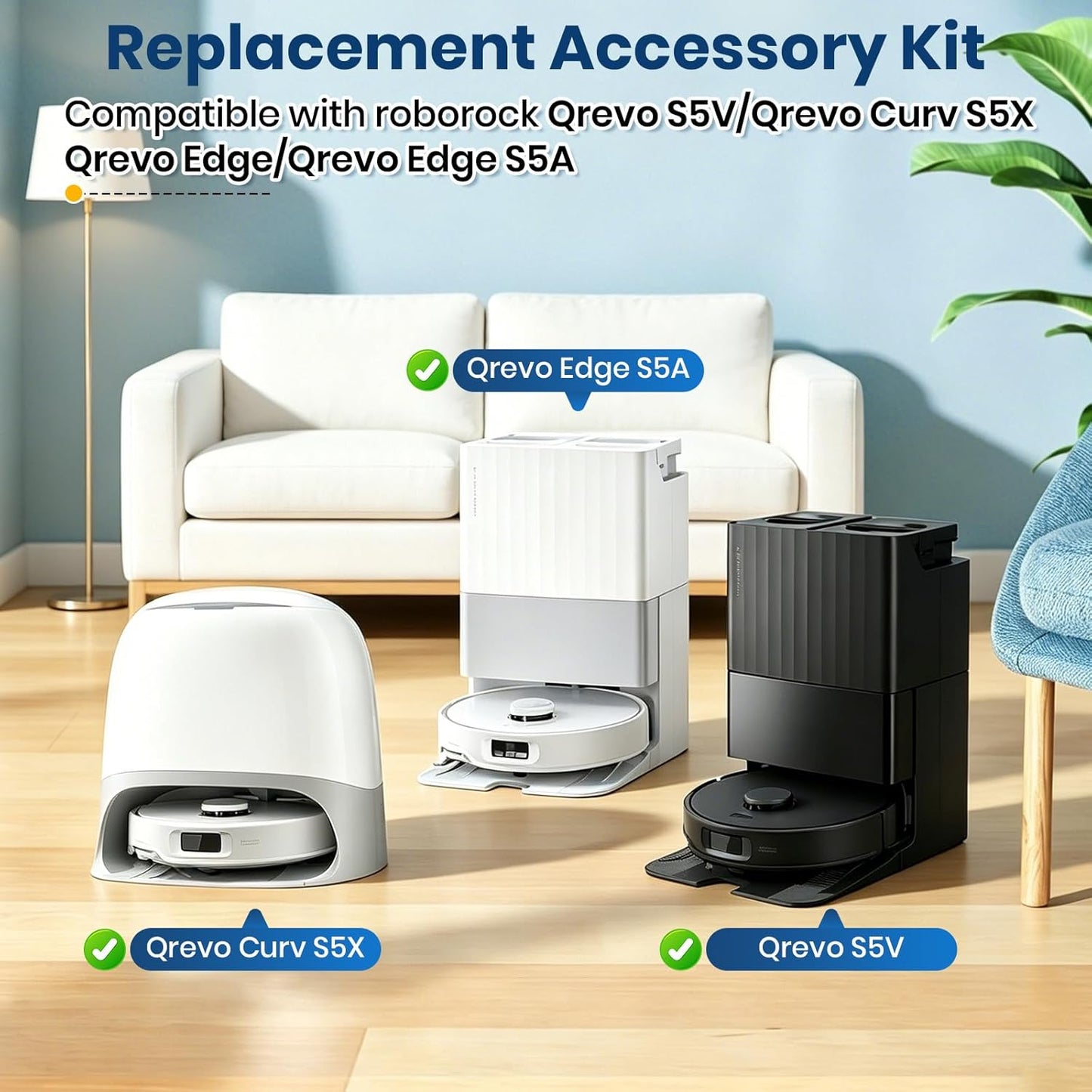 30Pcs Replacement Parts for Roborock Qrevo S5V, Curv, Edge, Edge S5A, Curv S5X Robot Vacuum Kit, 2 Main Brush 6 Hepa Filter 6 Mop Pads 6 Side Brush 6 Dust Bags 1 Screwdriver 1 Clean Tool