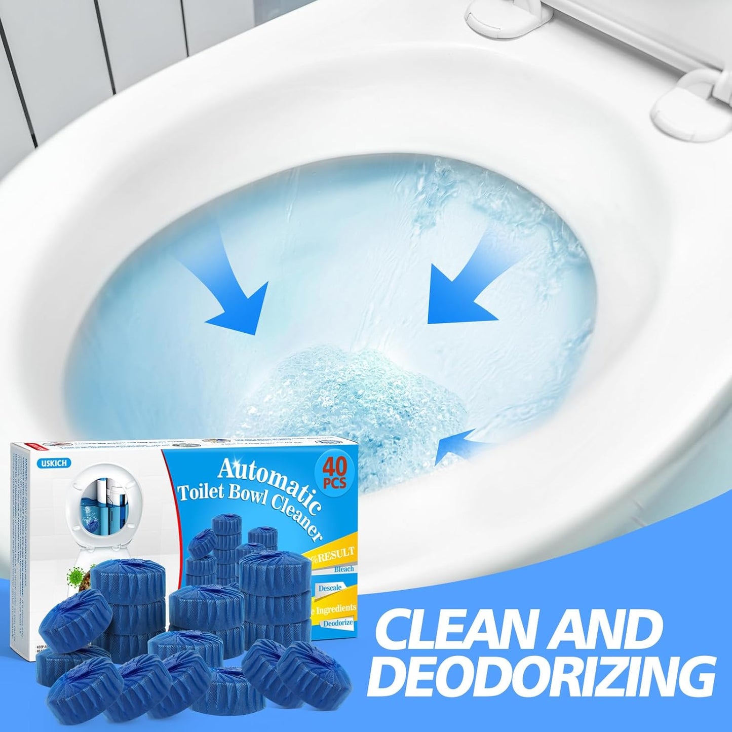 USKICH 20 Pack Toilet Bowl Cleaner Tablets,Blue Automatic Toilet Tank Cleaners, Long-Lasting Household Toilet Cleaners,Toilet flush Cleaning & Deodorizer