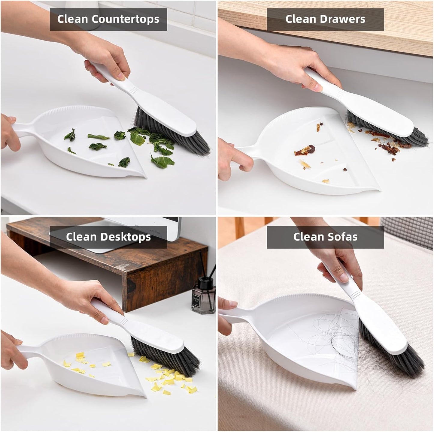 SUBEKYU Dustpan and Brush Set with Bamboo Handle, Hand Mini Broom and Dustpan Set, Small Broom and Dustpan Set for Kitchen/Desktops/Bedroom, White, 1 Set
