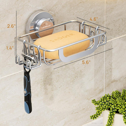 LEVERLOC Soap Holder Shower with Hooks, Bar Suction Cup Soap Dish Tray for Wall, Rust-Proof Stainless Steel Sponge Caddy for Bathroom Accessories Organizer Bathtub Kitchen Sink, Black