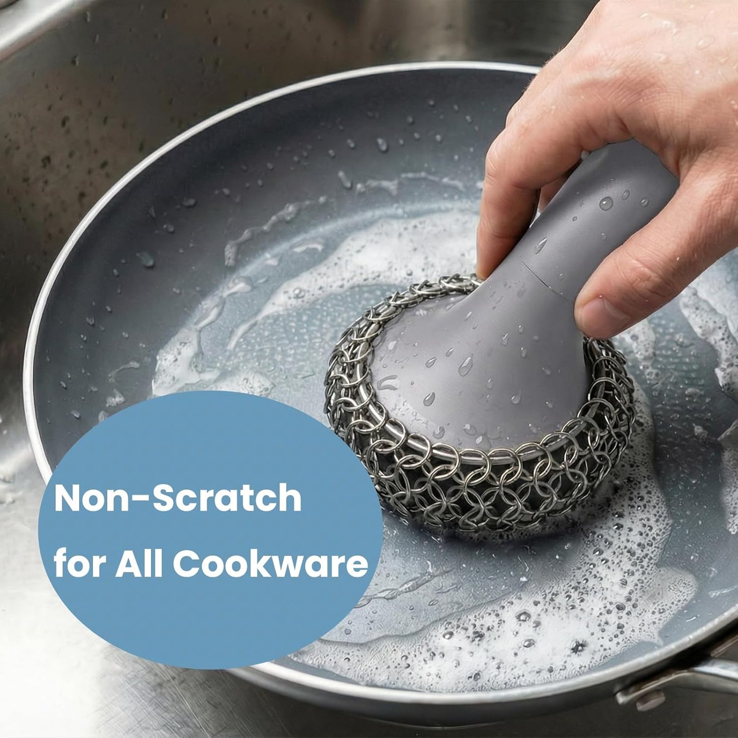 Cast Iron Scrubber with Long Handle | 316 Cast Iron Cleaner Chainmail Scrubber for Pan Skillet Cleaner - Dish Scouring Pad Dishwasher Safe Cleaning Kit (Blue, 1 Scrubber + 1 Scraper)