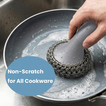 Cast Iron Scrubber with Long Handle | 316 Cast Iron Cleaner Chainmail Scrubber for Pan Skillet Cleaner - Dish Scouring Pad Dishwasher Safe Cleaning Kit (Blue, 1 Scrubber + 1 Scraper)