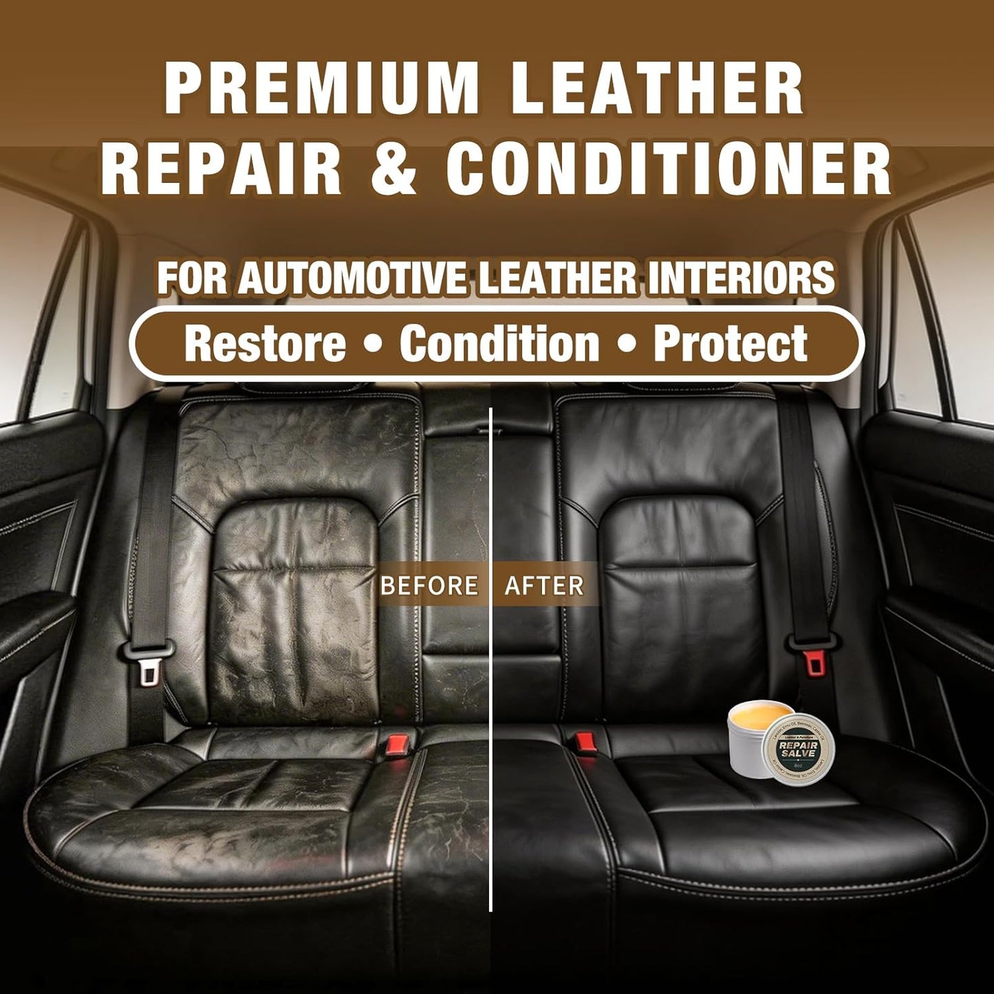 Leather Conditioner & Repair Cream: Leather Cleaner and Conditioner for Car Seats and Interiors - Repair Conditioning Salve for Furniture Couches Shoes Purse Bags (8 Oz)