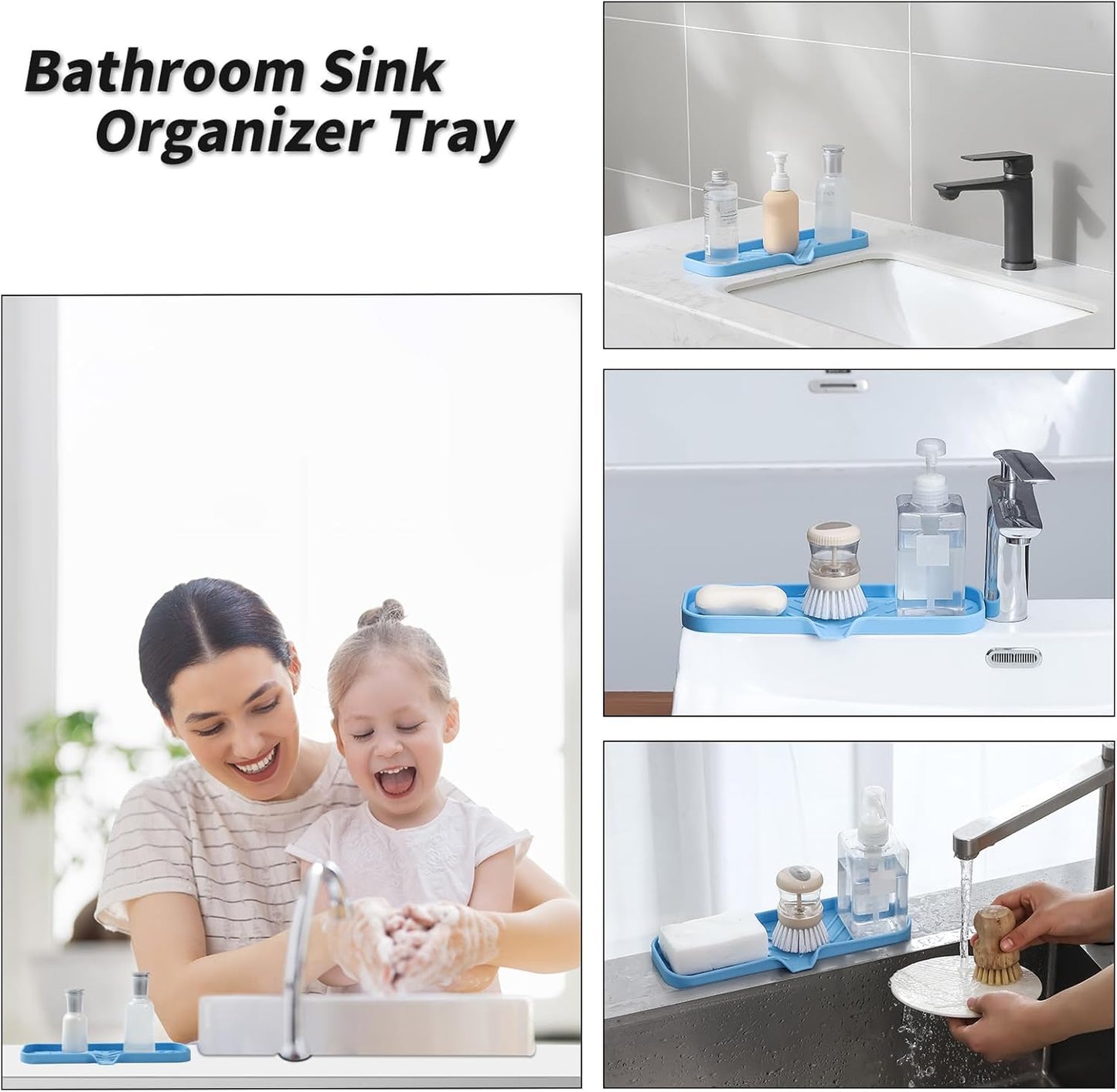 MicoYang Silicone Bathroom Soap Dishes with Drain Spout-Bathroom and Kitchen Sink Organizer,Sponge Holder,Dish Soap Tray,Perfect for Dispenser,Scrubber,Bottle,Cup on Sink or Counter-Black 4.9"×3.2"