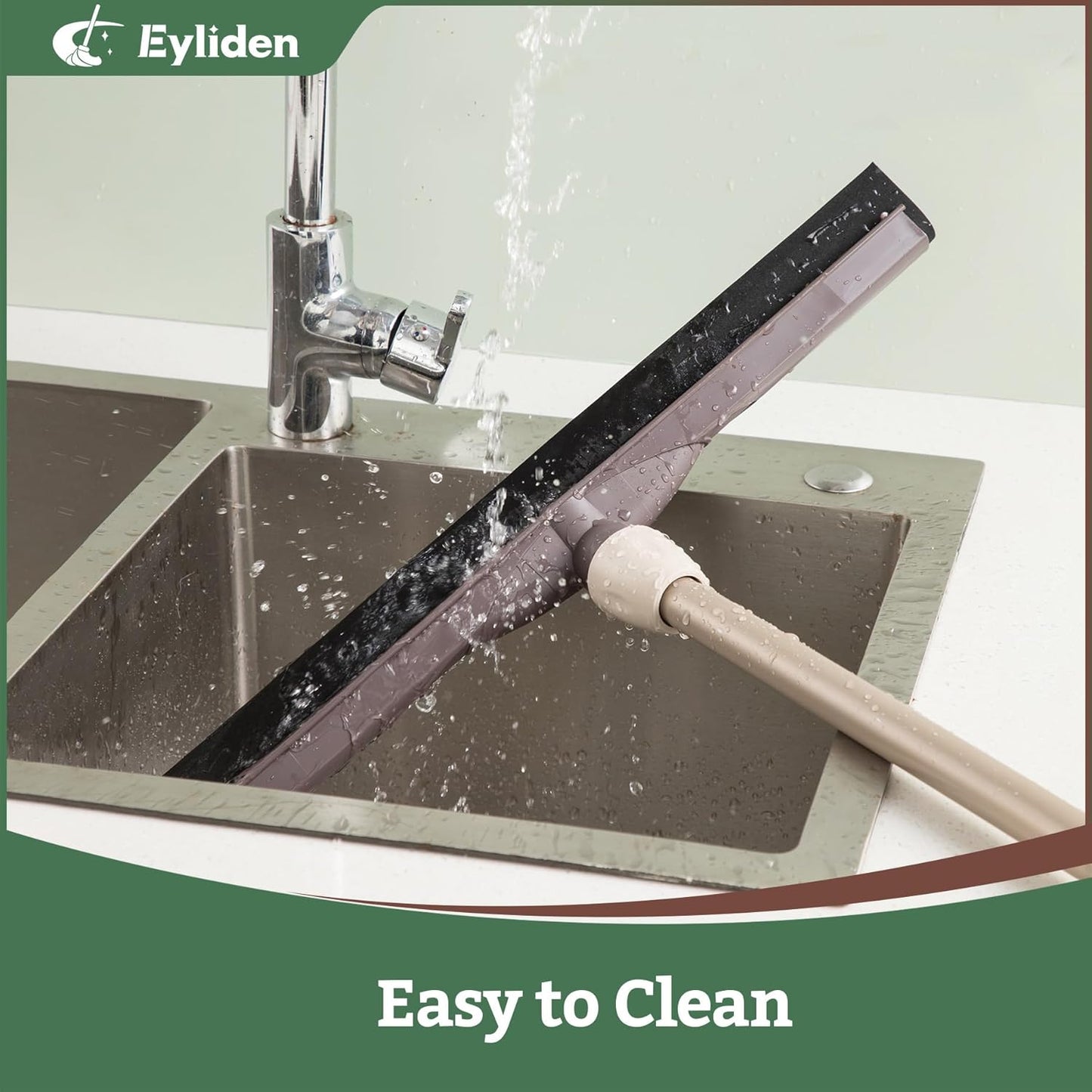 Eyliden Floor Squeegee for Water Removal, 17" EVA Dual-Layer Blade Dries Floors in One Pass, Long Handle, Scratch-Free Water Sweeper for Kitchen, Bathroom, Tile & Hardwood Floors