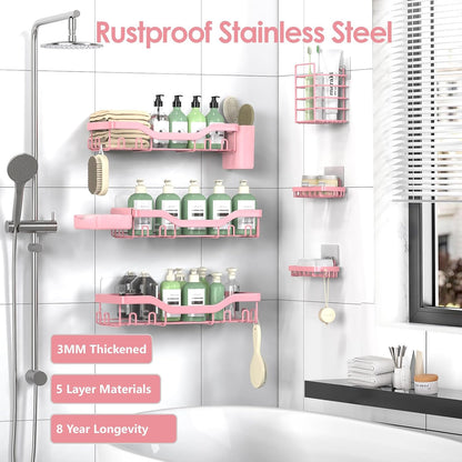 NESOMI Shower Caddy Adhesive Shower Organizer 7-Pack, Rustproof Stainless Steel Bathroom Shelves, Large Capacity No-Drill Rack Storage Accessories with Soap Dish Toothbrush Holder &24 Hooks Home Decor