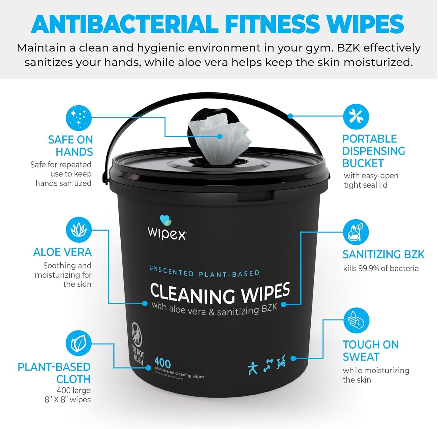Wipex Gym Wipes Bucket Refill – EWG Verified, 400 Ct Plant-based Fitness Equipment Wipes, Lavender and Vinegar to Clean Surfaces, Safe Yoga Mat Cleaner, Gym Cleaner and Peloton