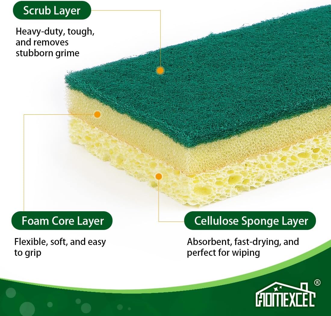 HOMEXCEL Sponges Kitchen 12pcs, Non-Scratch Scrub Dish Sponge Safe on Non-Stick Cookware, Dual Sided Cleaning Sponges for Kitchen, Household, Bathroom and More