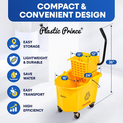 PLASTIC PRINCE Small Mop Bucket with Wringer on Wheels 5 Gallon, Heavy Duty Dual Chamber Mop Bucket Separate Dirty Water, Perfect for Household, 20 Quart Yellow
